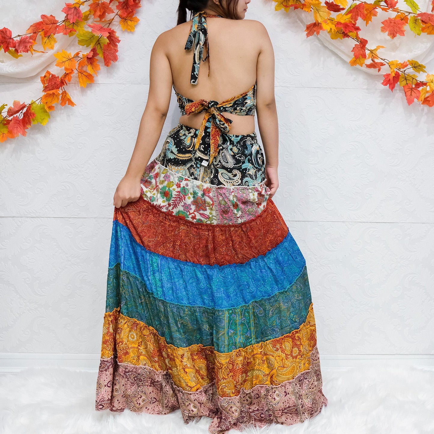 Patchwork Tiered Flowy Skirt with Reversible Halter Top