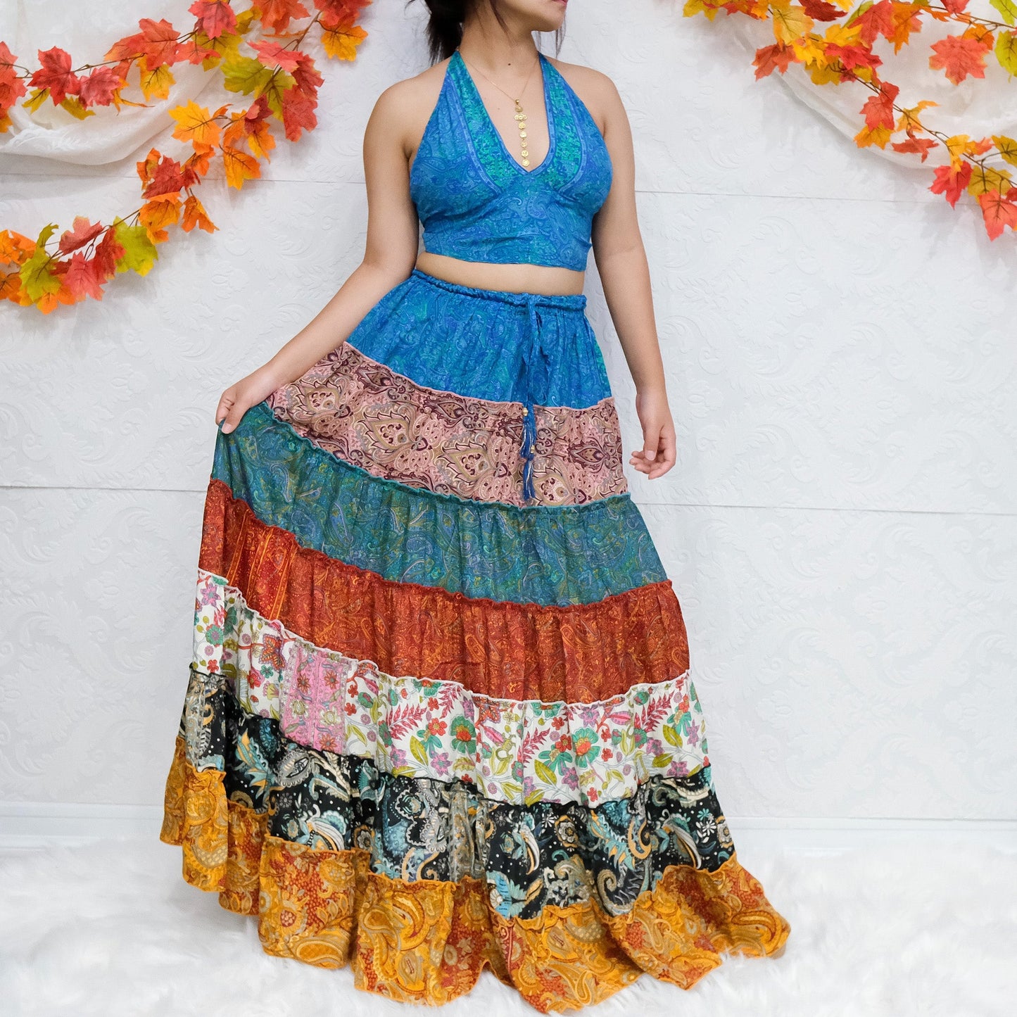 Patchwork Tiered Flowy Skirt with Reversible Halter Top