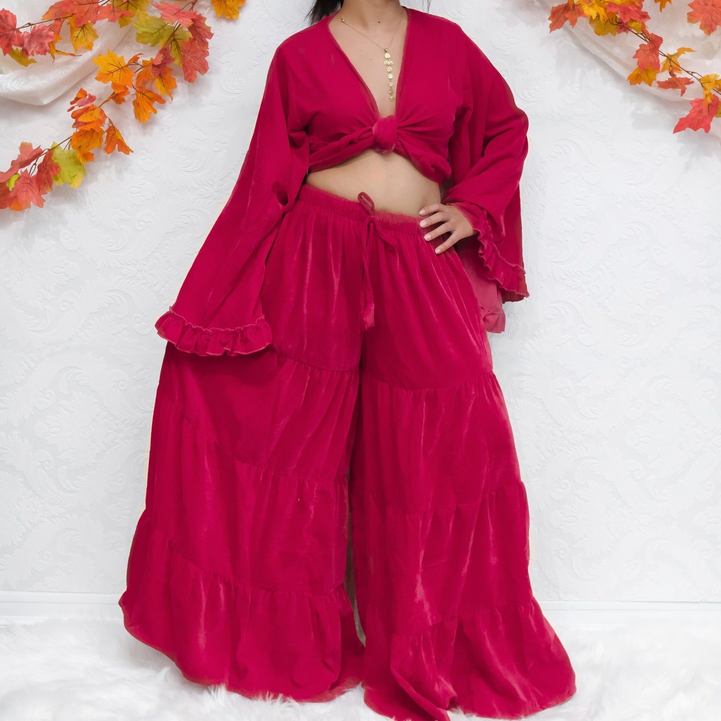 Flowy Tiered Boho Velvet Pant with Ruffle Sleeve Wrap Top