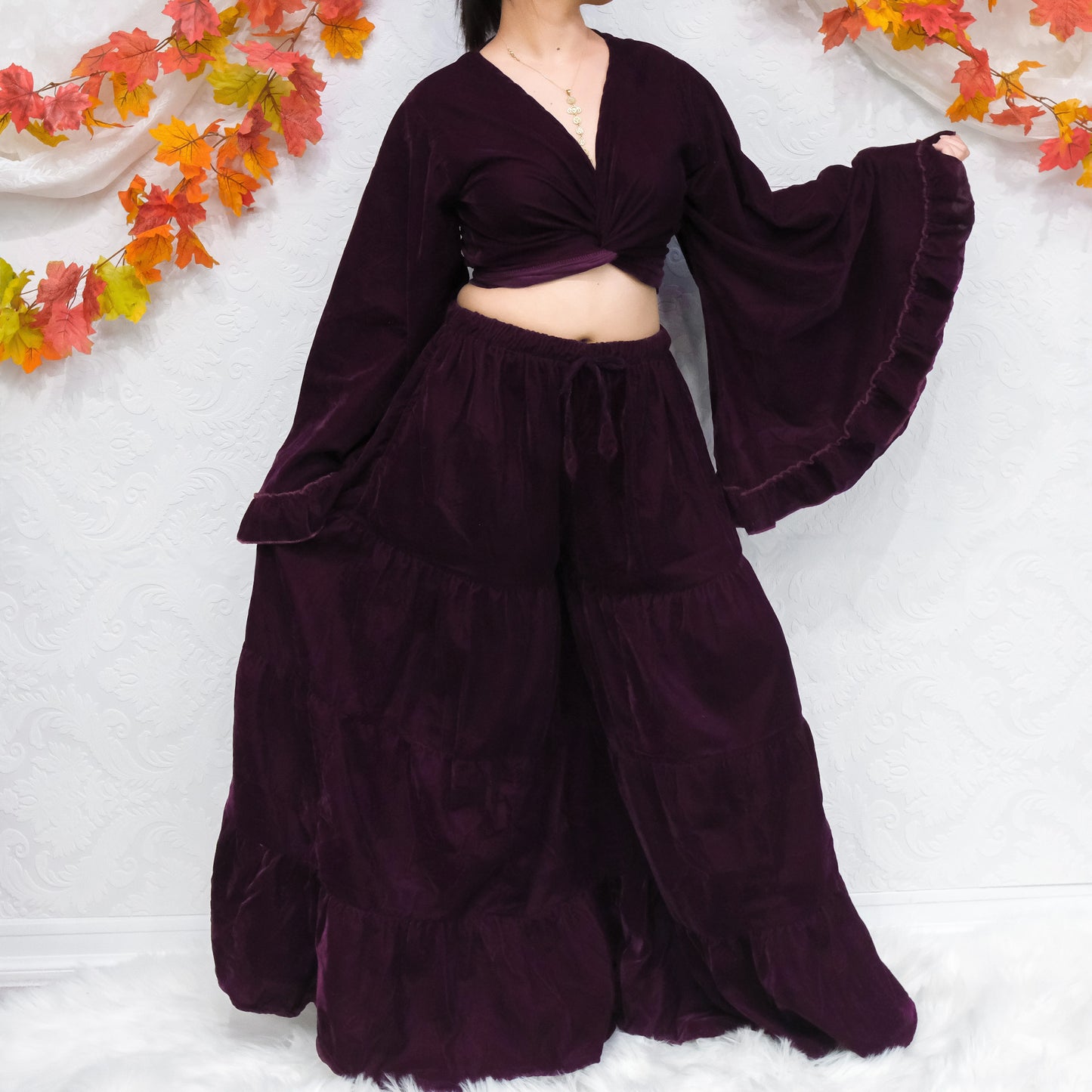 Flowy Tiered Boho Velvet Pant with Ruffle Sleeve Wrap Top