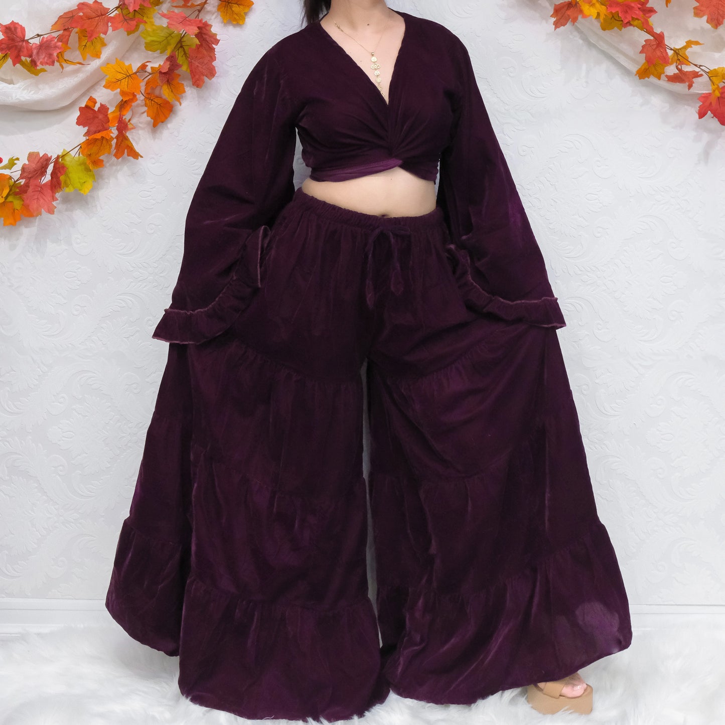 Flowy Tiered Boho Velvet Pant with Ruffle Sleeve Wrap Top