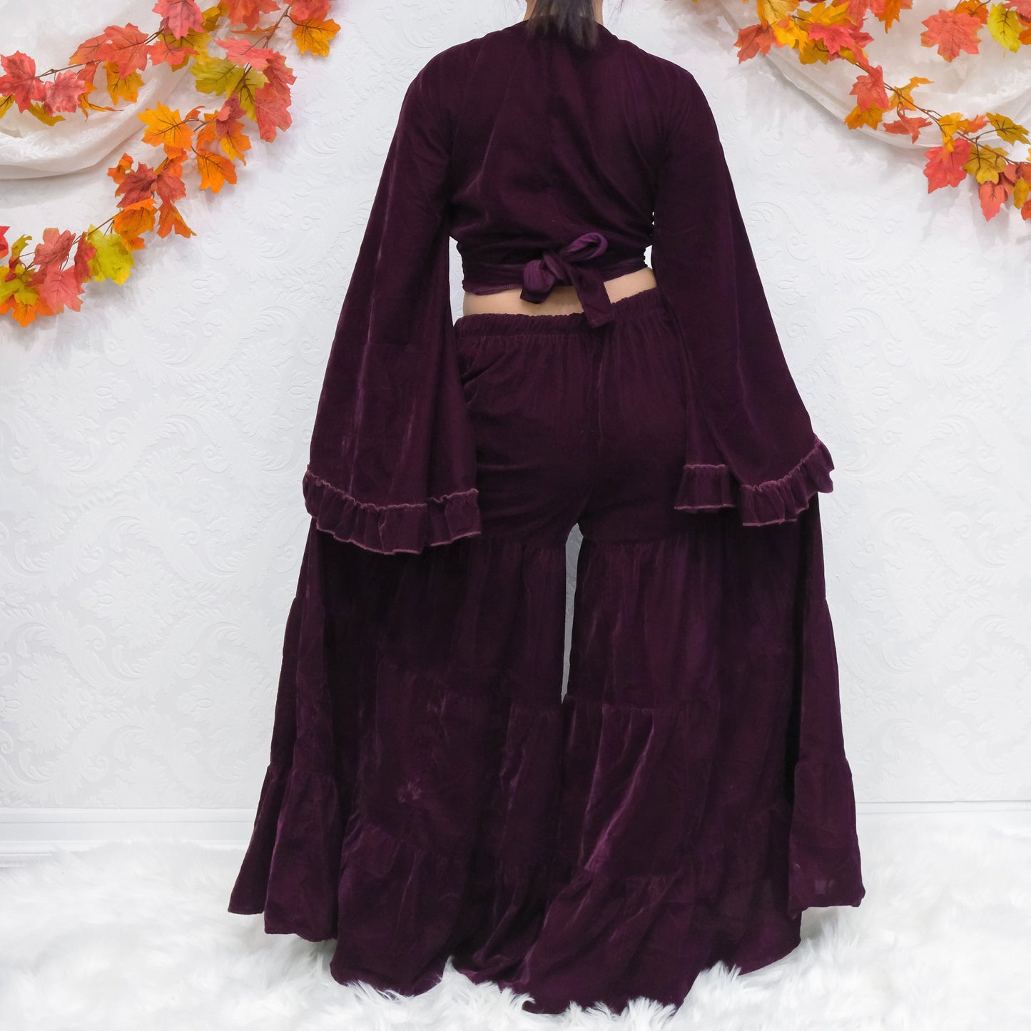 Flowy Tiered Boho Velvet Pant with Ruffle Sleeve Wrap Top