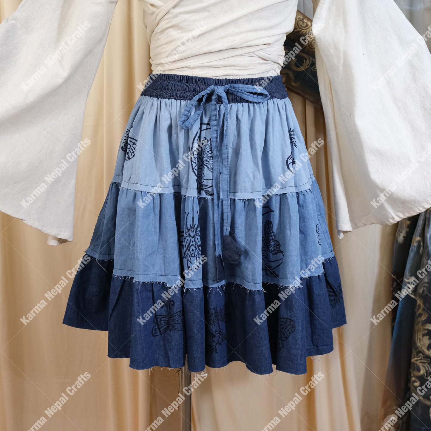 Patchwork Denim Look Flowy Mini Skort with Pockets