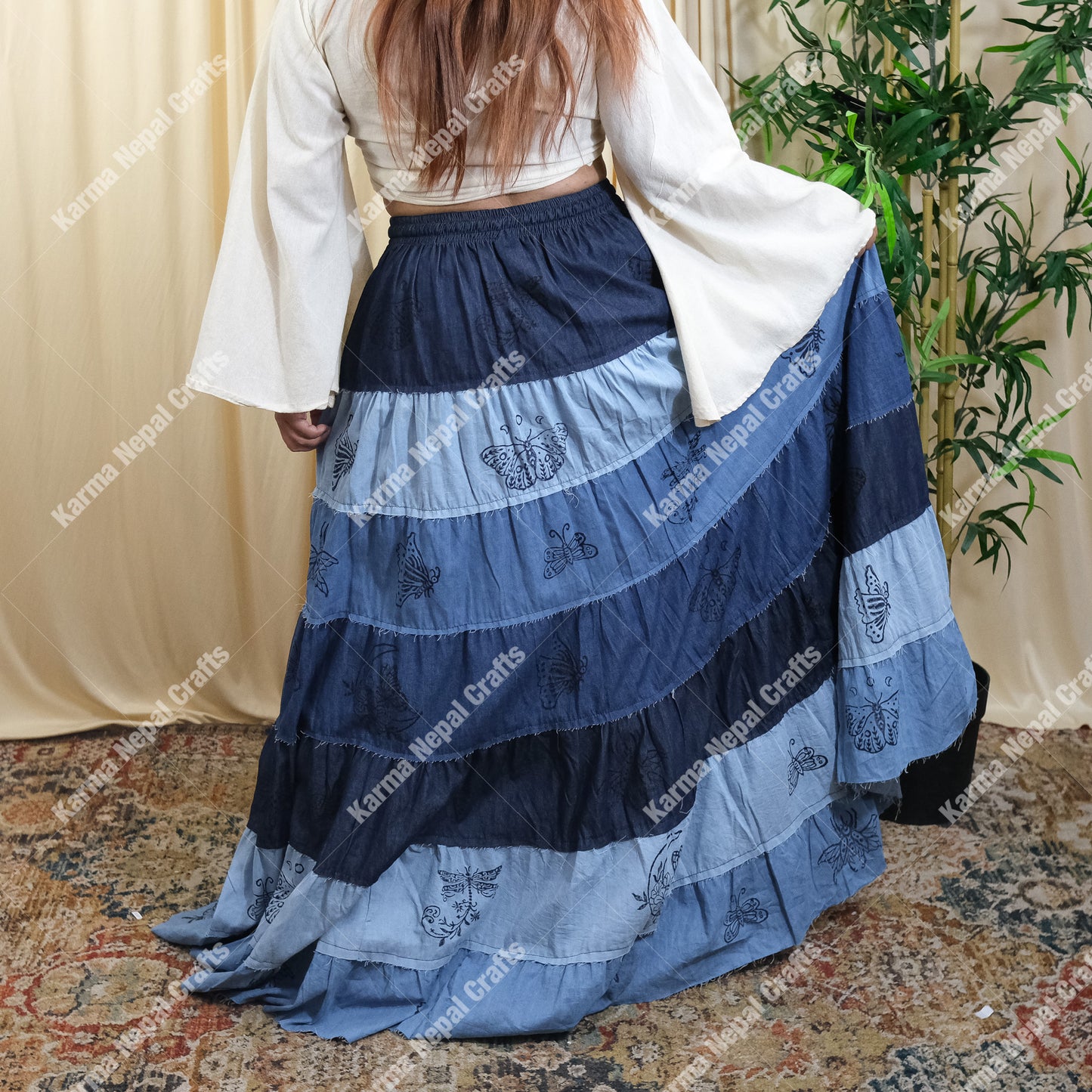 Patchwork Denim Look Flowy Long Maxi Skirt with Pockets