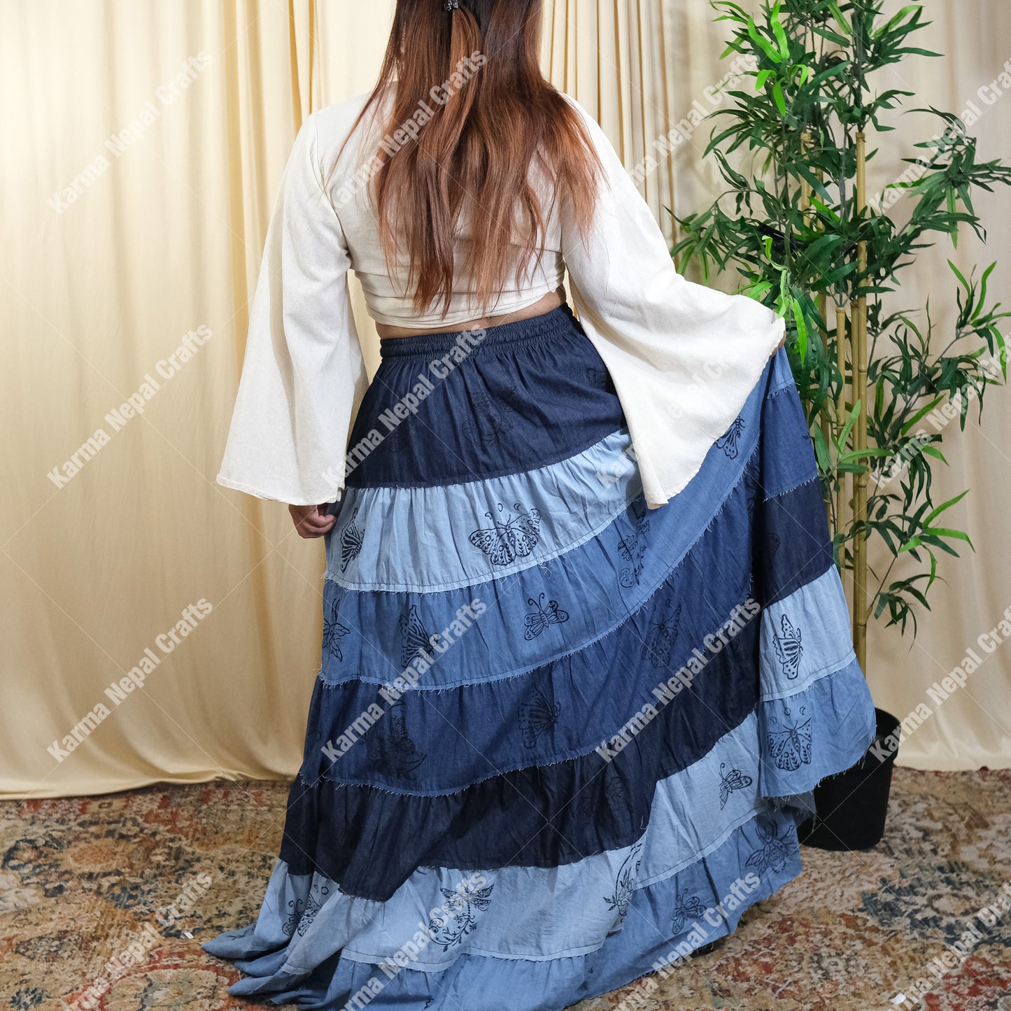 Patchwork Denim Look Flowy Long Maxi Skirt with Pockets