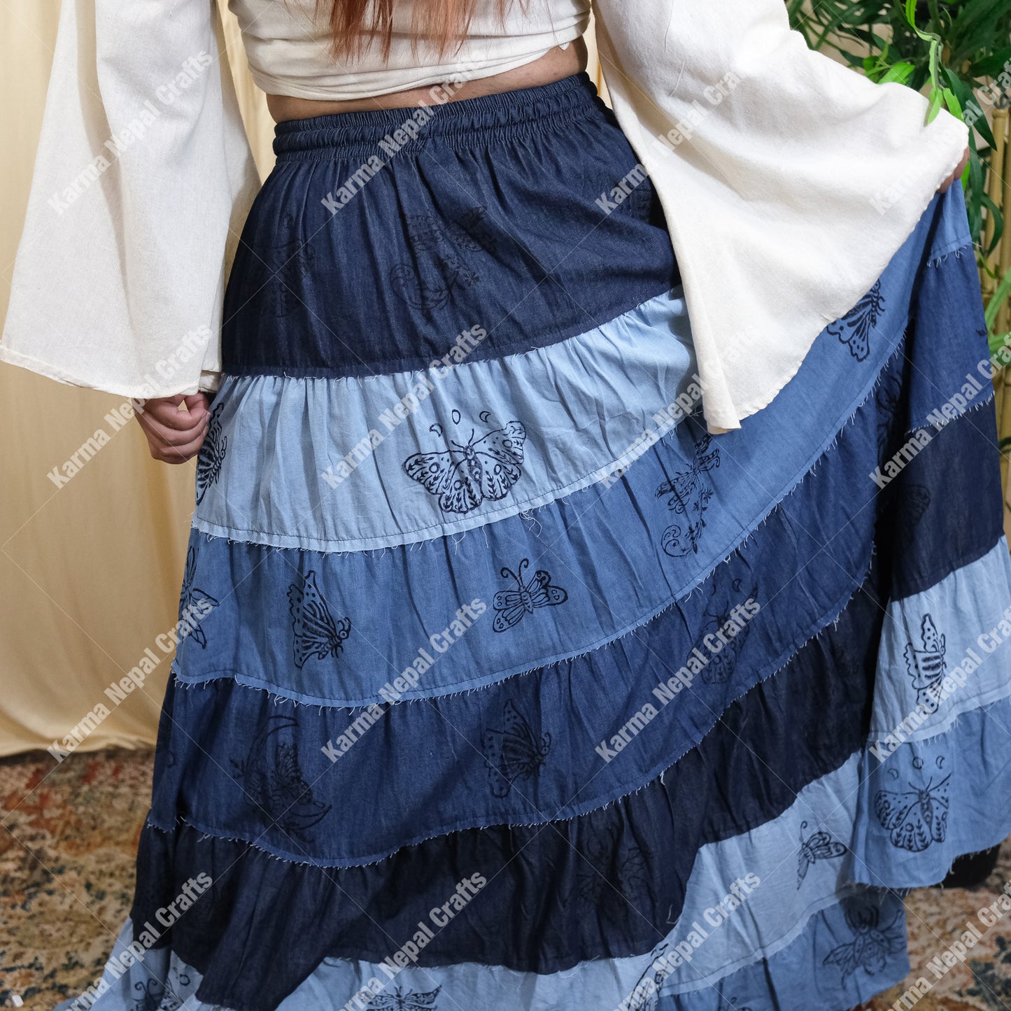 Patchwork Denim Look Flowy Long Maxi Skirt with Pockets