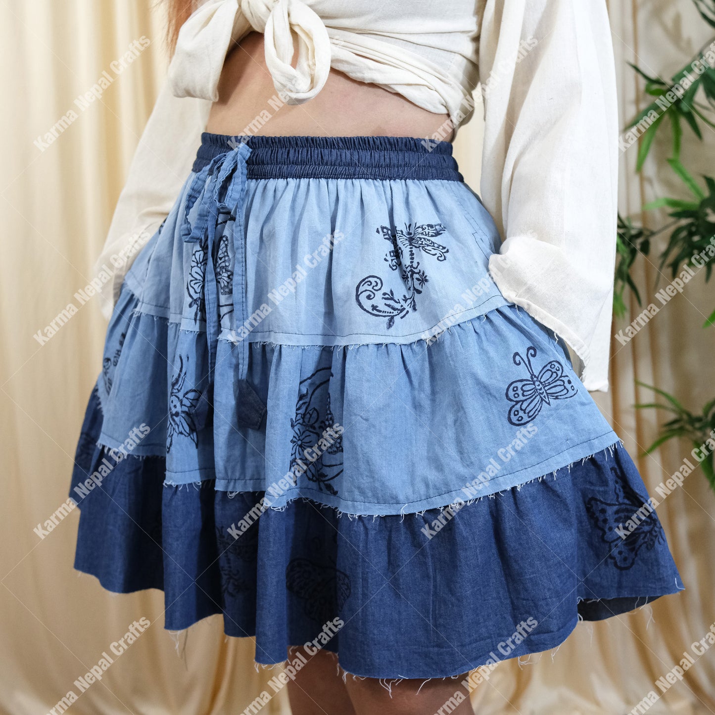 Patchwork Denim Look Flowy Mini Skort with Pockets