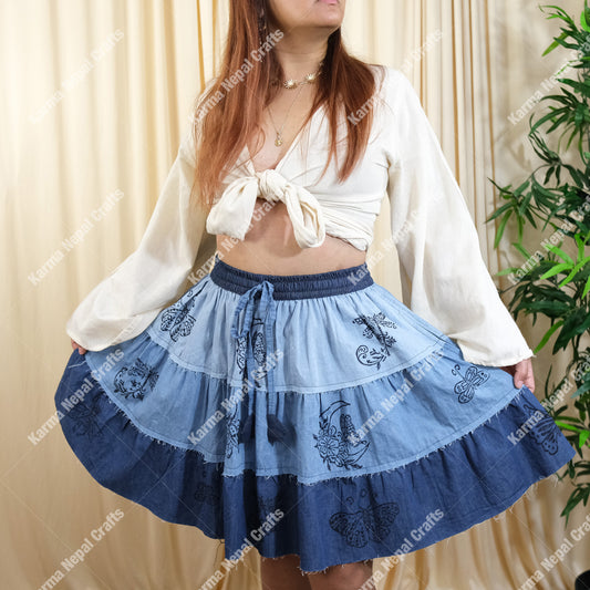 Patchwork Denim Look Flowy Mini Skort with Pockets