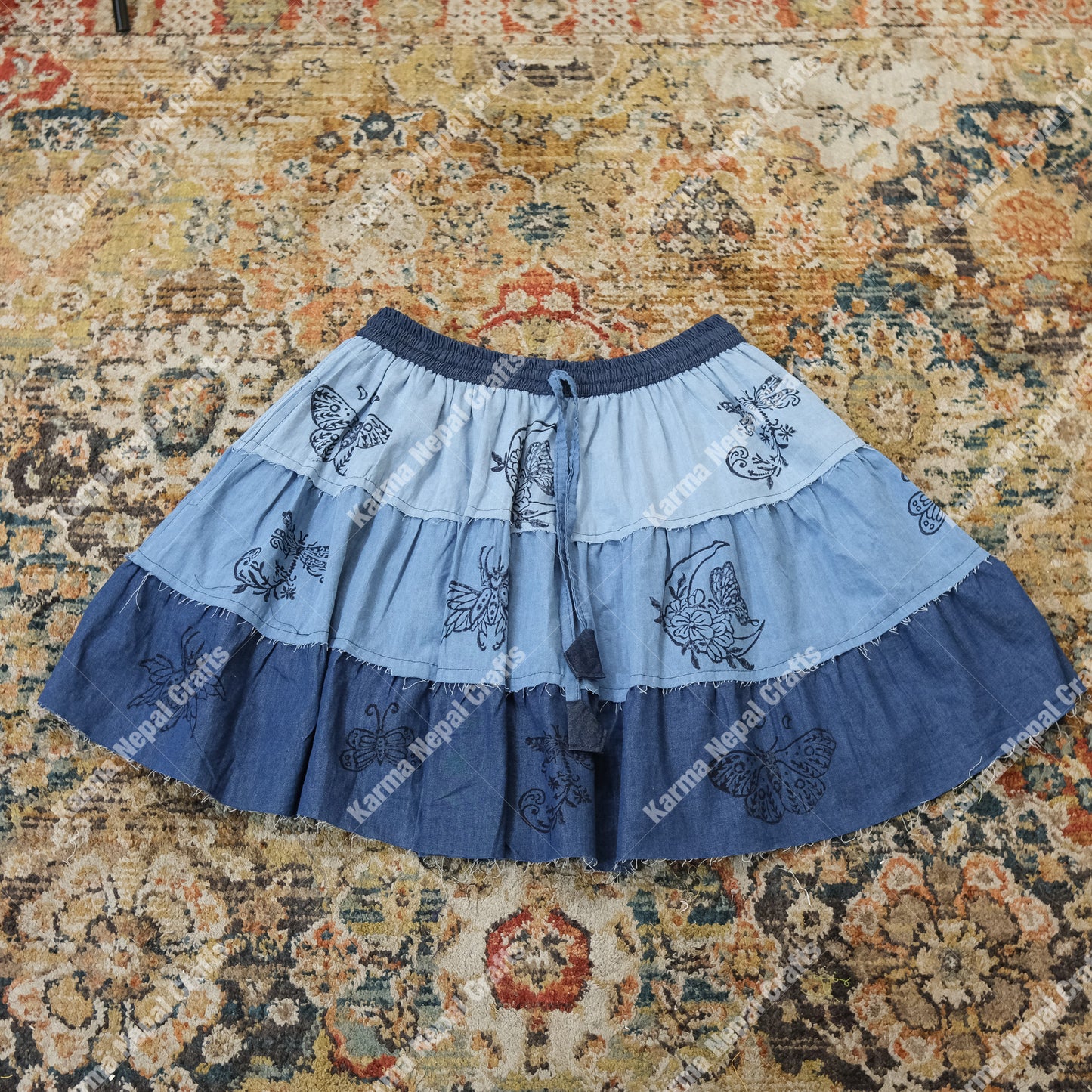 Patchwork Denim Look Flowy Mini Skort with Pockets