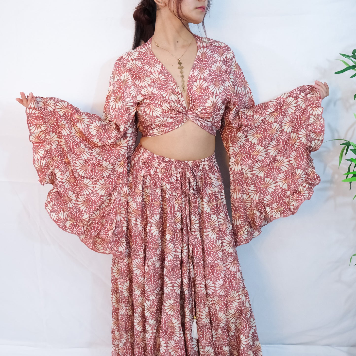 Boho Long Ruffle Recycled Silk Skirt and Tie Top Set