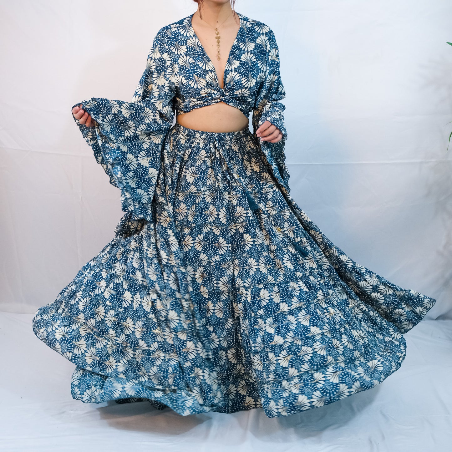 Boho Long Ruffle Recycled Silk Skirt and Tie Top Set