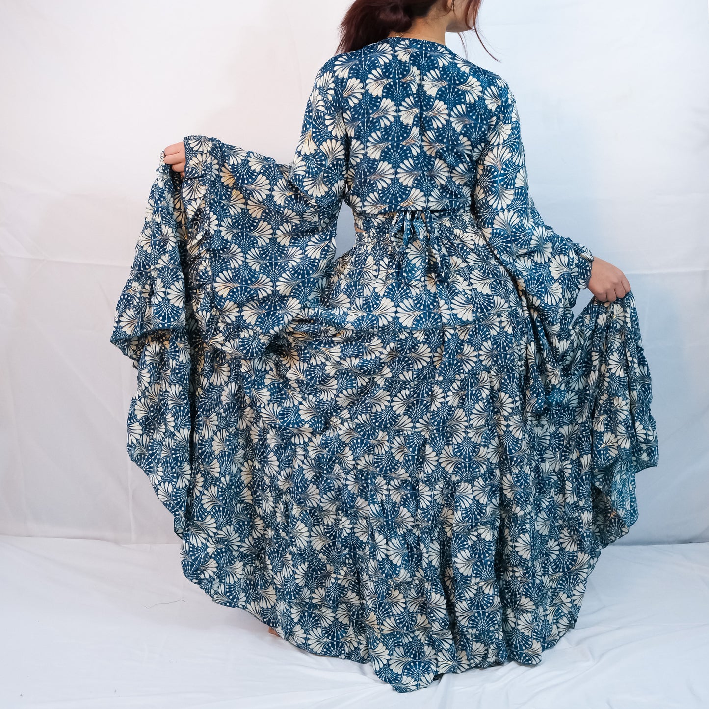 Boho Long Ruffle Recycled Silk Skirt and Tie Top Set