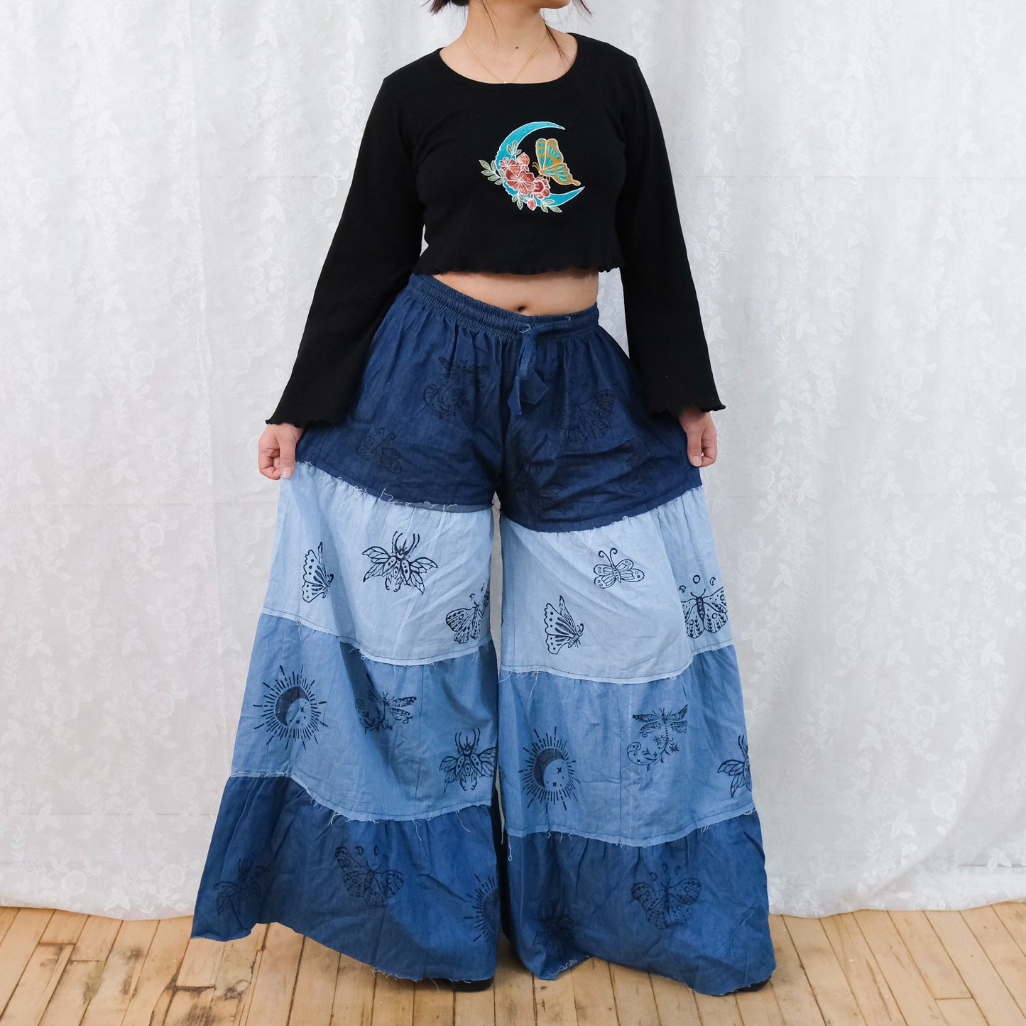 Flowy Tiered Denim Look Cotton Boho Pants with Pockets