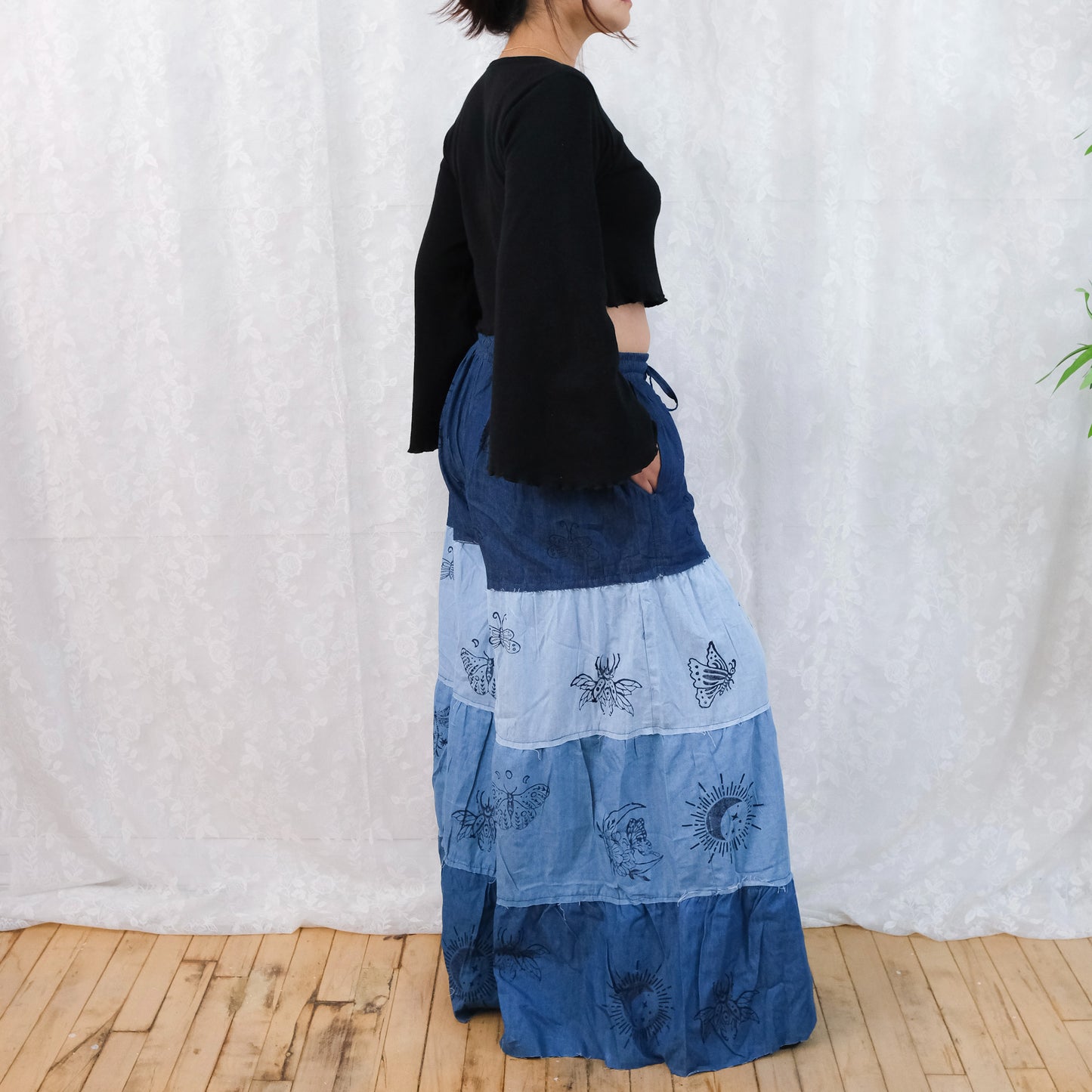 Flowy Tiered Denim Look Cotton Boho Pants with Pockets