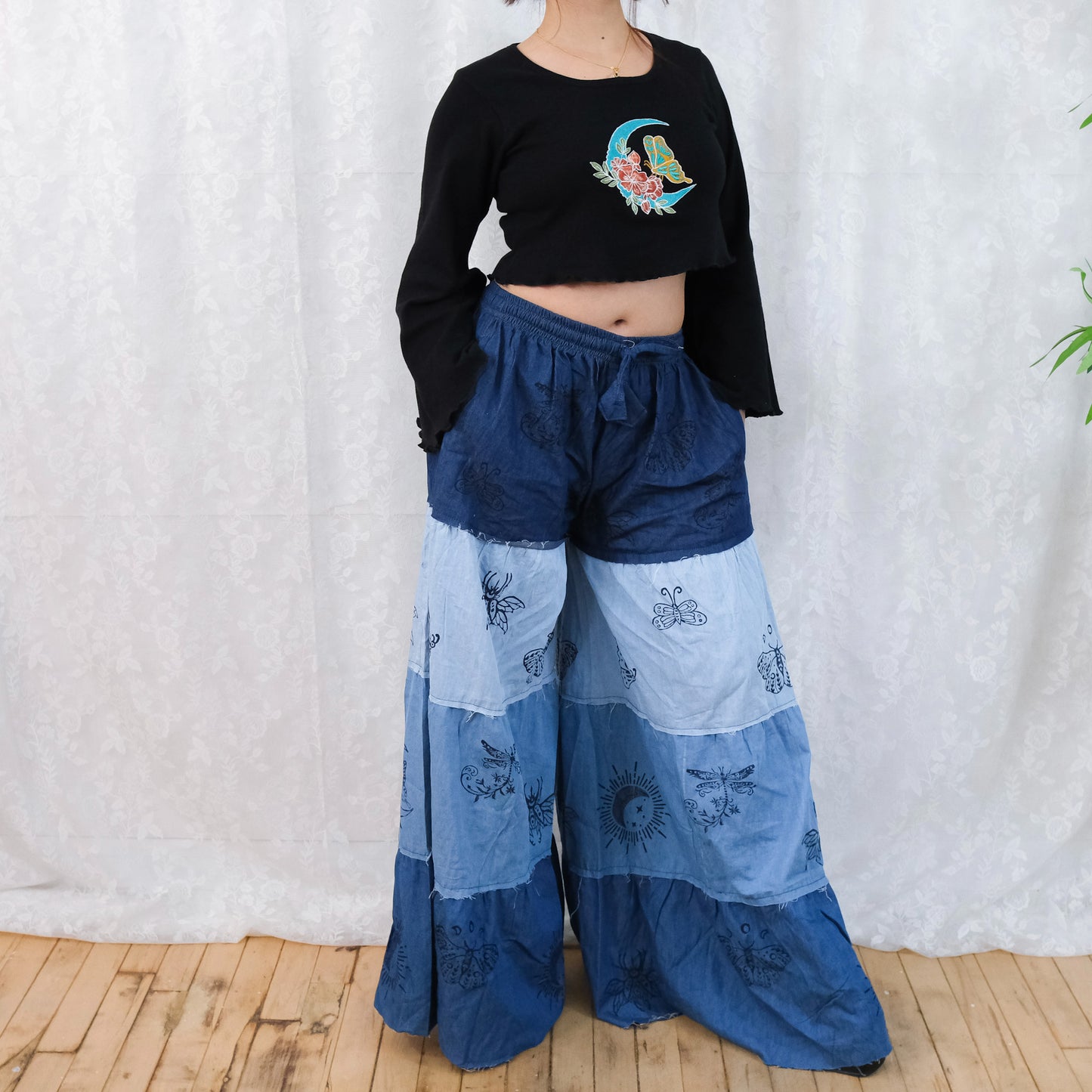 Flowy Tiered Denim Look Cotton Boho Pants with Pockets