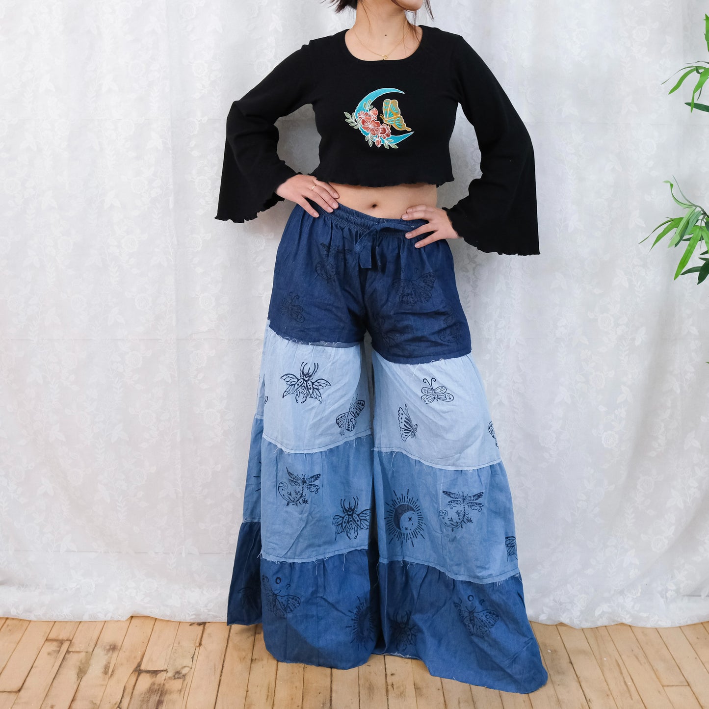 Flowy Tiered Denim Look Cotton Boho Pants with Pockets