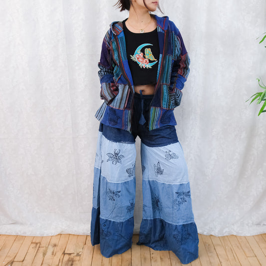 Flowy Tiered Denim Look Cotton Boho Pants with Pockets