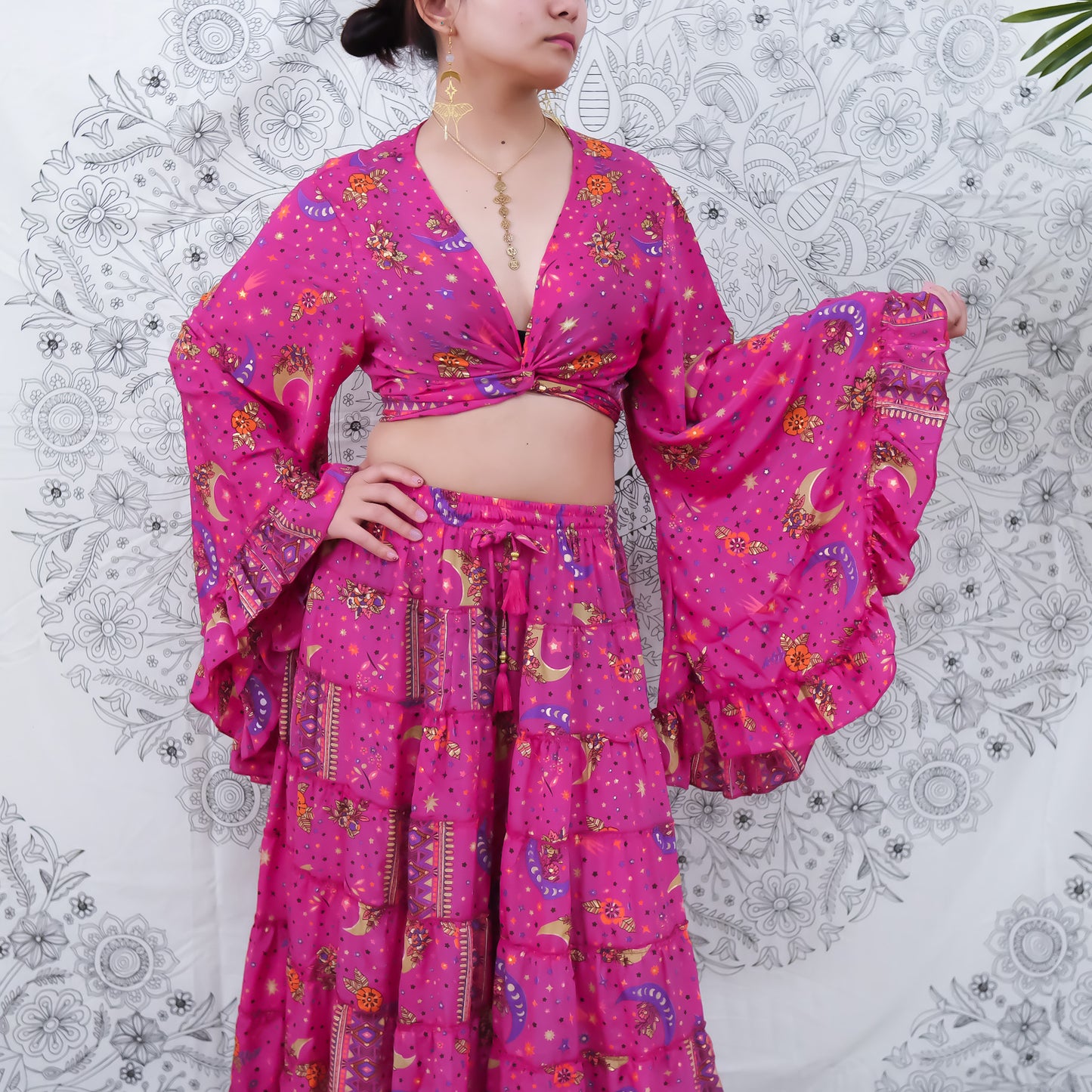 Flowy Silk Tiered Skirt Set with Flare Sleeve Top