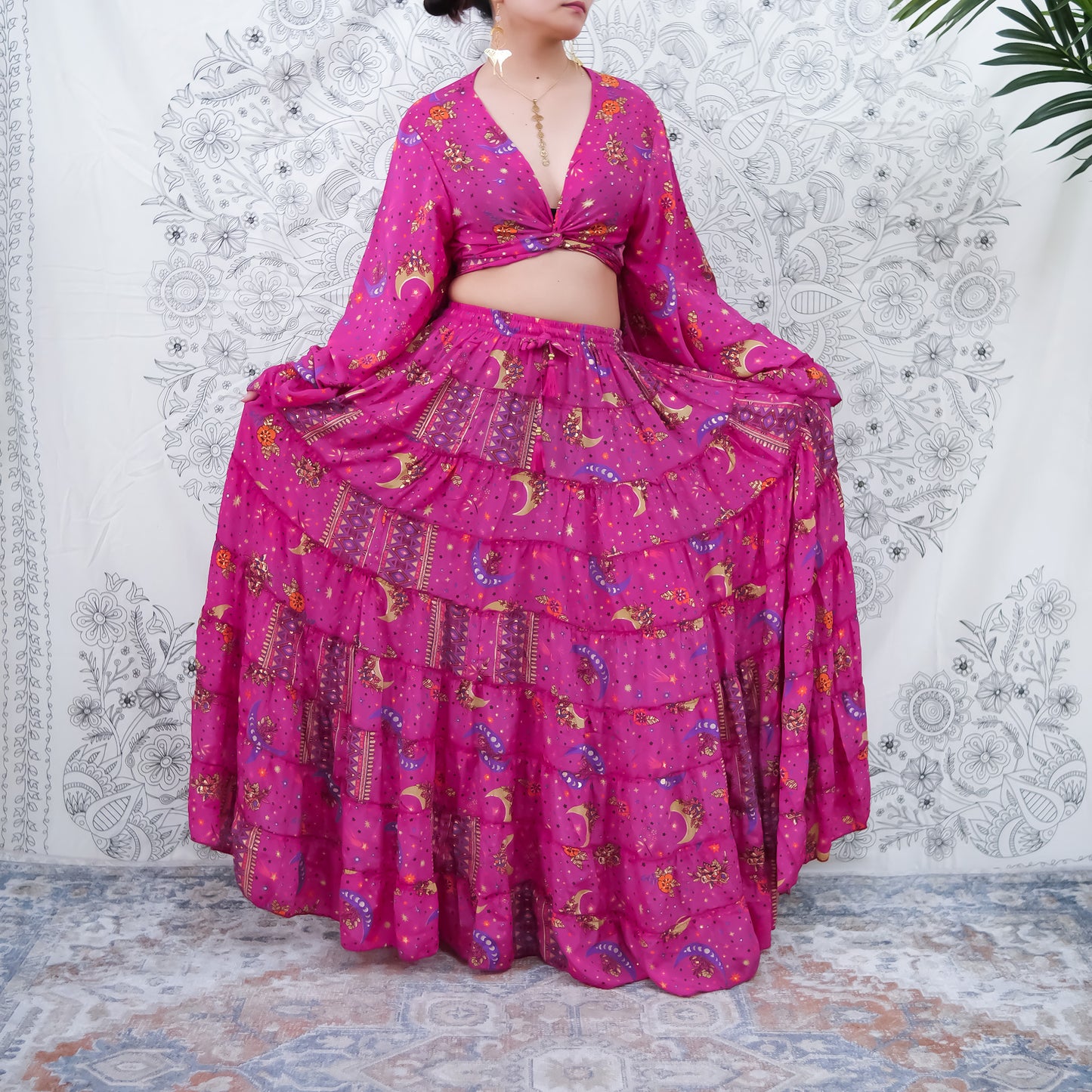 Flowy Silk Tiered Skirt Set with Flare Sleeve Top