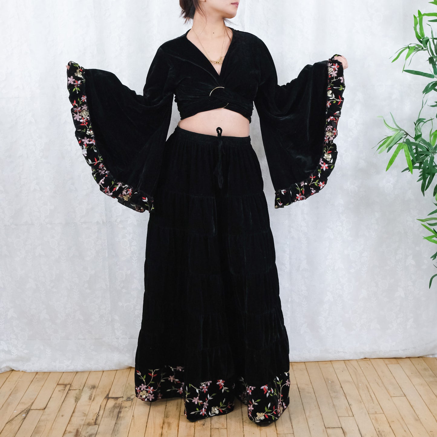 Velvet Whimsy Skirt Set with Hand Embroidery