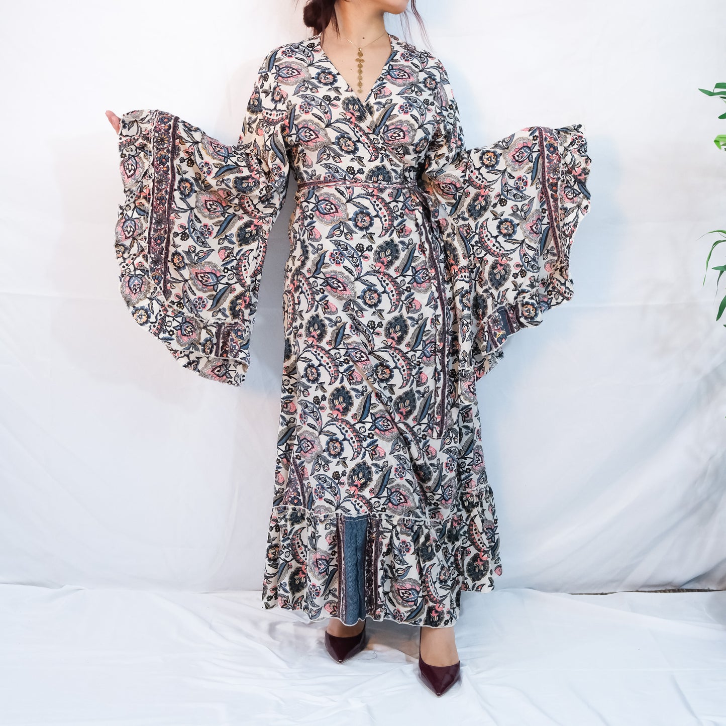 Long Maxi Wrap Dress with Ruffle Sleeve