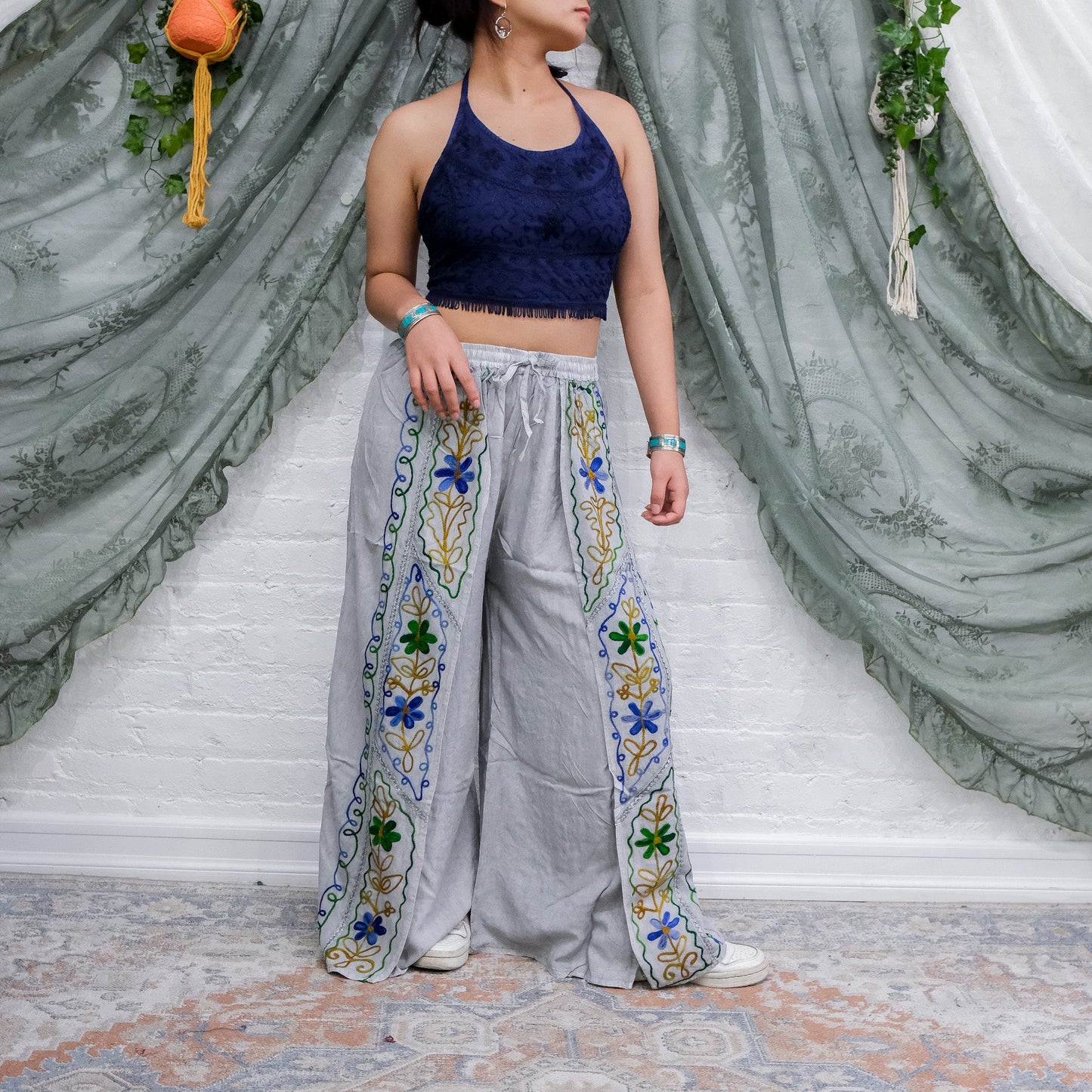 Flowy High Slit Embroidery Palazzo Pants