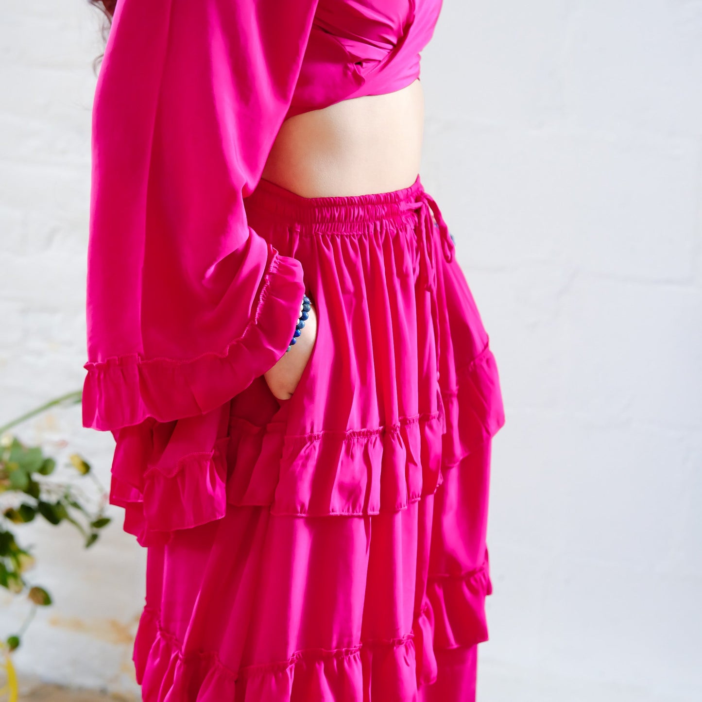 Flowy Tiered Skirt Set with Ruffle Sleeve Wrap Top