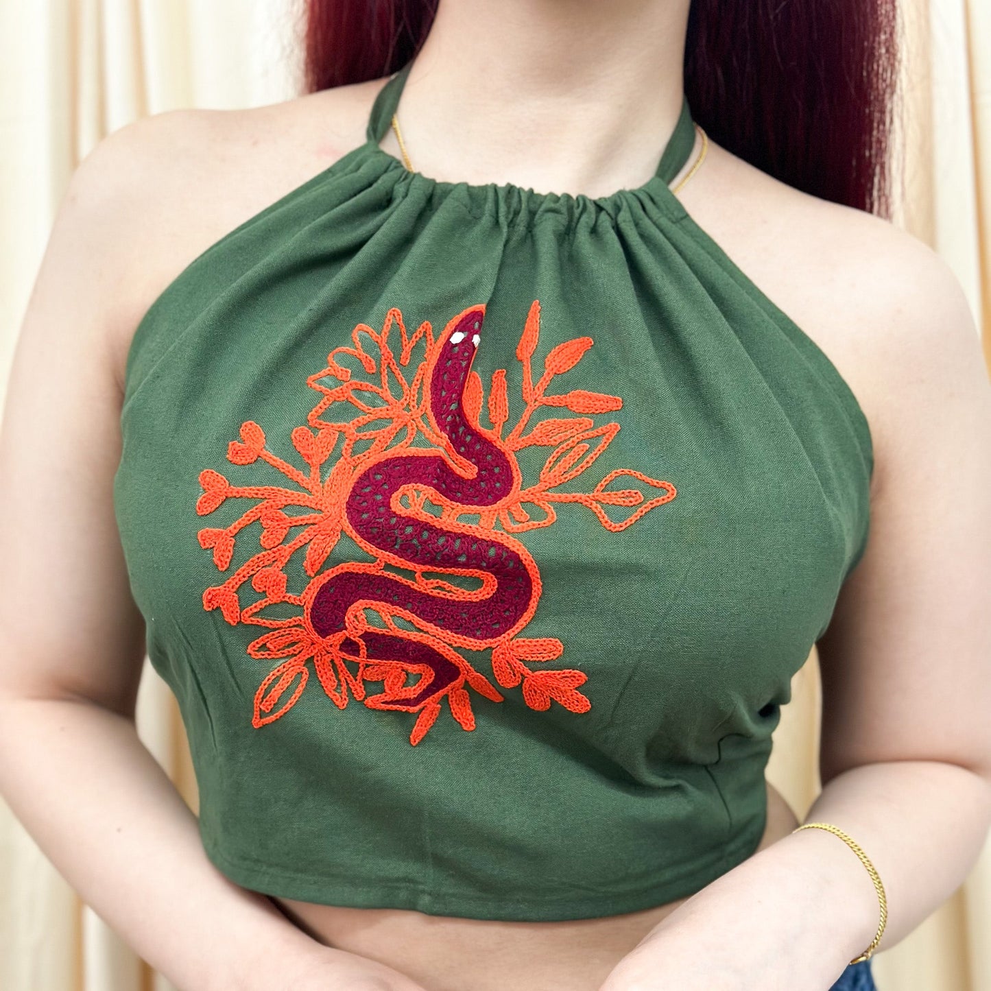 Hand Embroidered Snake Halter Top