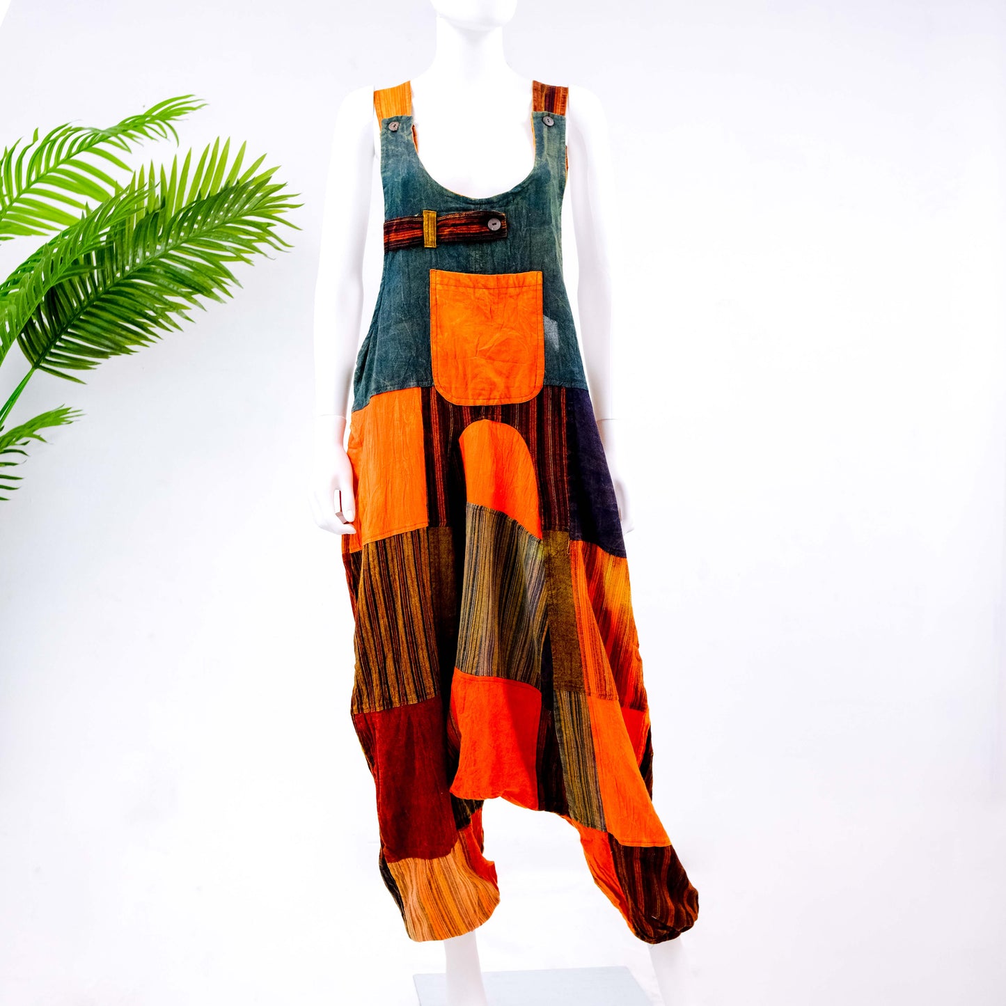 Earth Tone Patchwork Cotton Unisex Jumpsuit