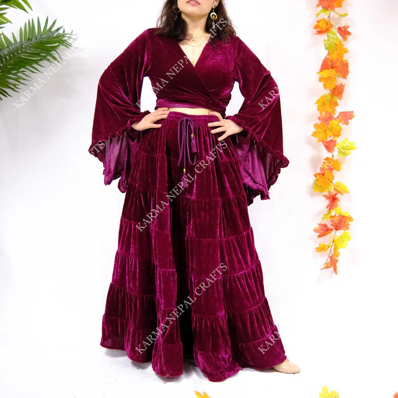 Long Flowy  Bohemian Style Velvet Skirt Set