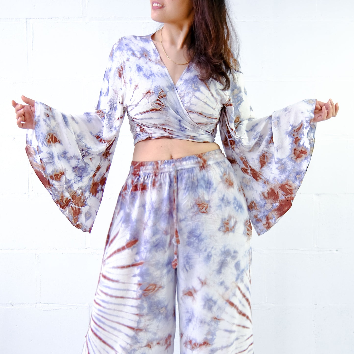 Tie Dye Palazzo Pant Set with Bell Sleeve Wrap Top