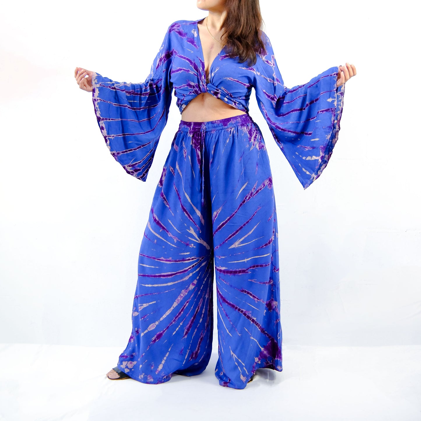 Tie Dye Palazzo Pant Set with Bell Sleeve Wrap Top