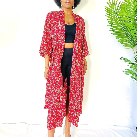 Floral Long Bohemian Kimono with Pockets